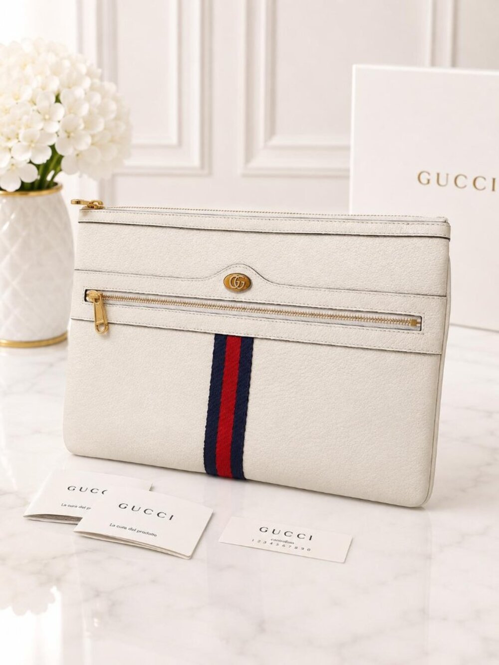 Authentic Gucci Ophidia White Leather Zip Clutch Pouch